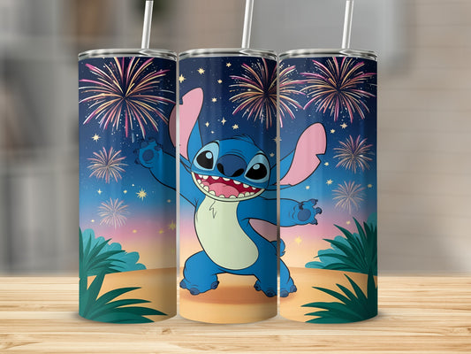 Three Stitch tumblers with fireworks and palm trees.