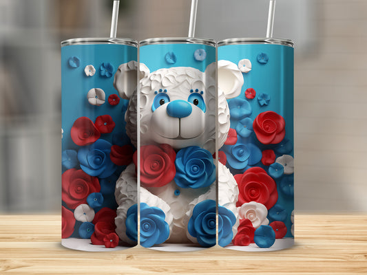 Three tumblers decorated with a white teddy bear and red and blue flowers.