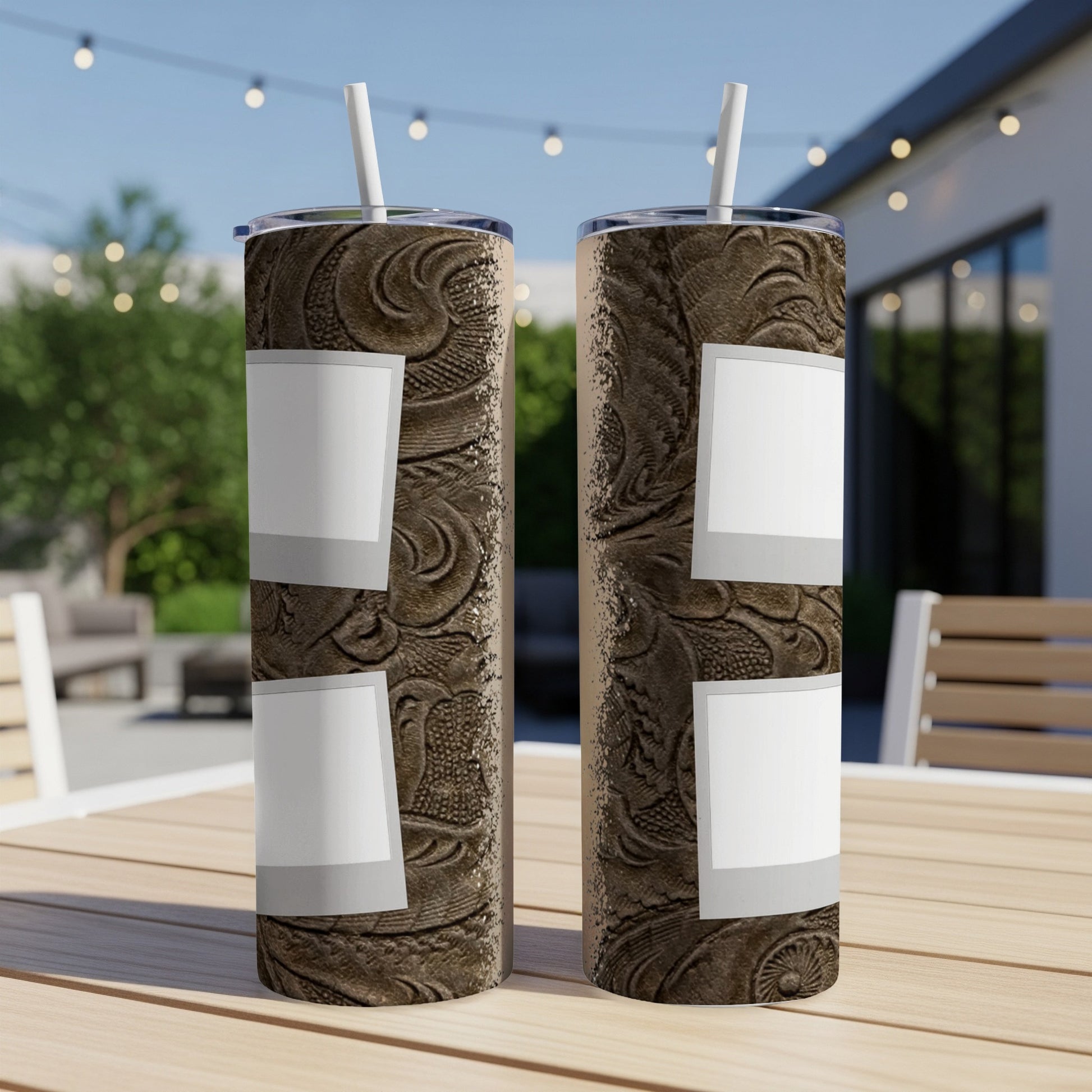 Two tumblers with brown embossed western design and white label placeholders.