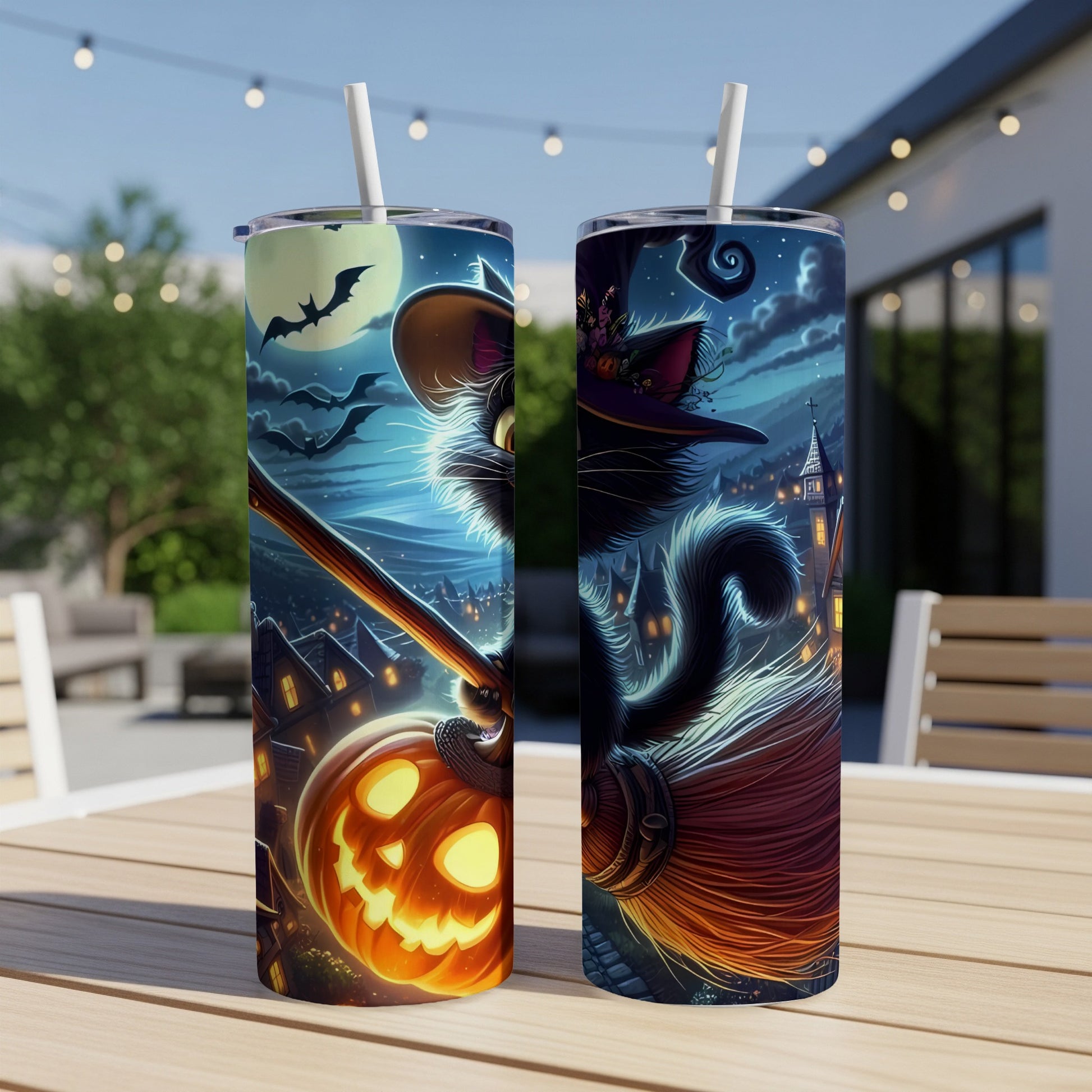 Two tumblers with Halloween designs featuring a black cat on a broomstick with a pumpkin.