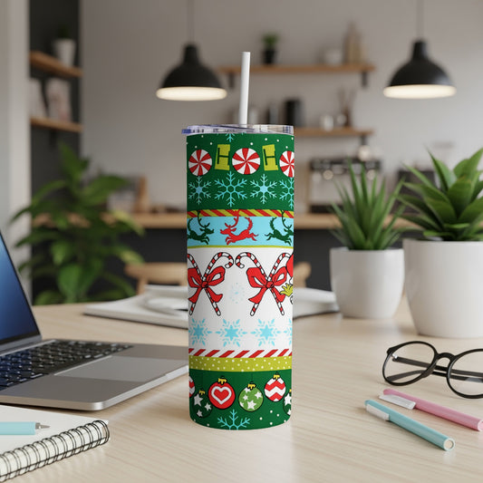 Christmas tumbler with candy canes, ornaments, and festive patterns.