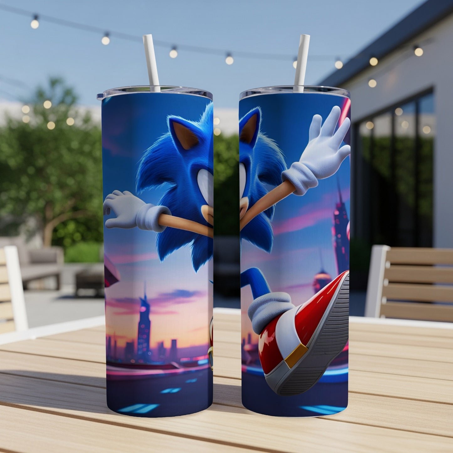 Sonic the Hedgehog action pose on a futuristic city background tumbler.