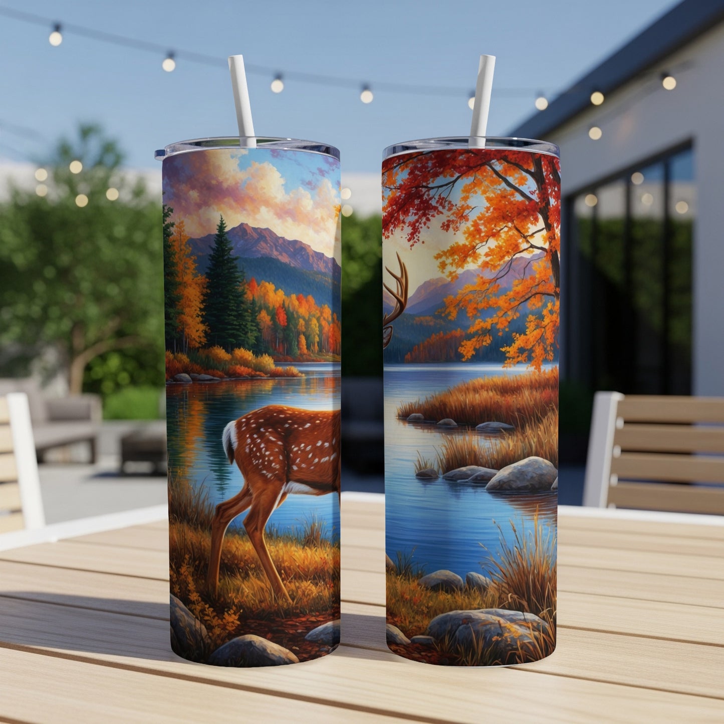 Two tumblers featuring a deer in a forest landscape with autumn foliage.