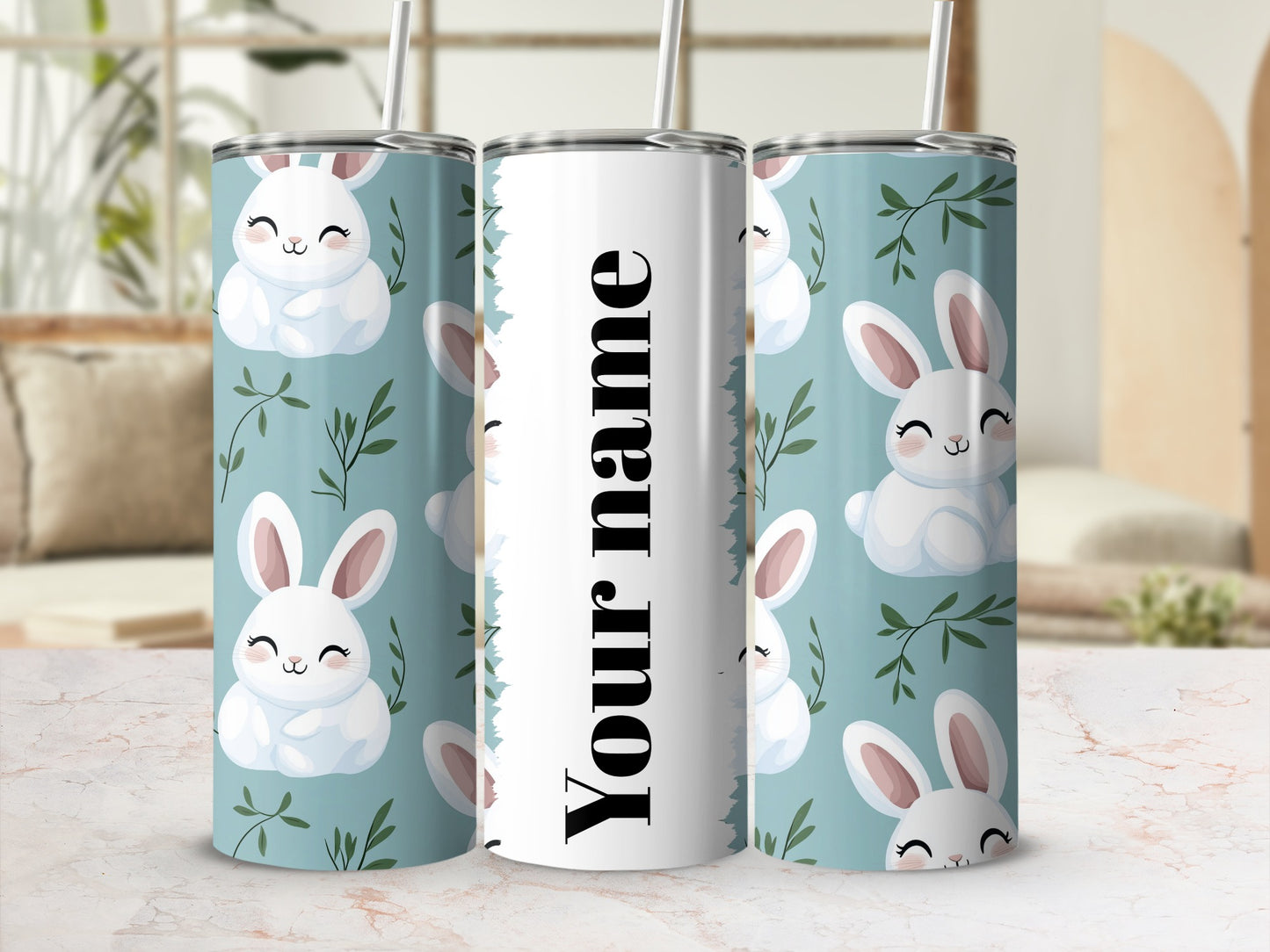 Personalized Cute Bunny Design Tumbler With Straw