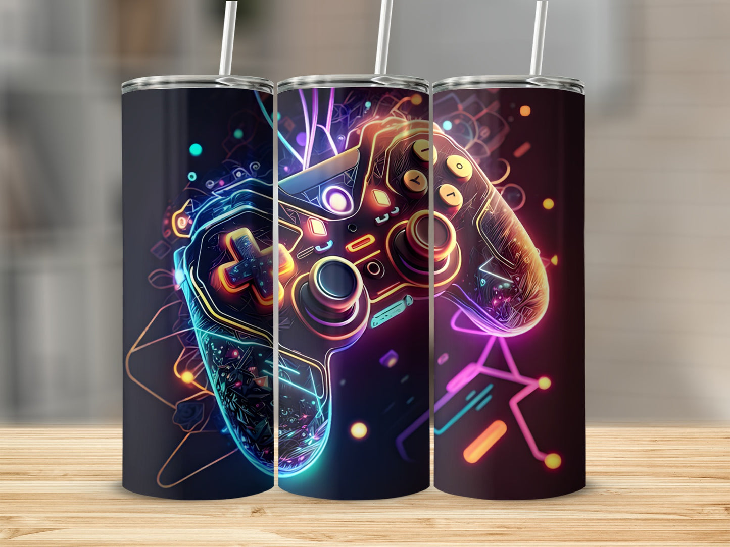 Three tumblers featuring a neon abstract video game controller design.