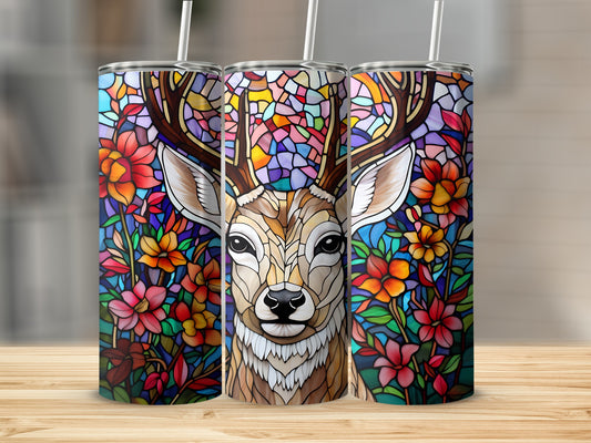 Deer head with stained glass floral design on three tumblers.