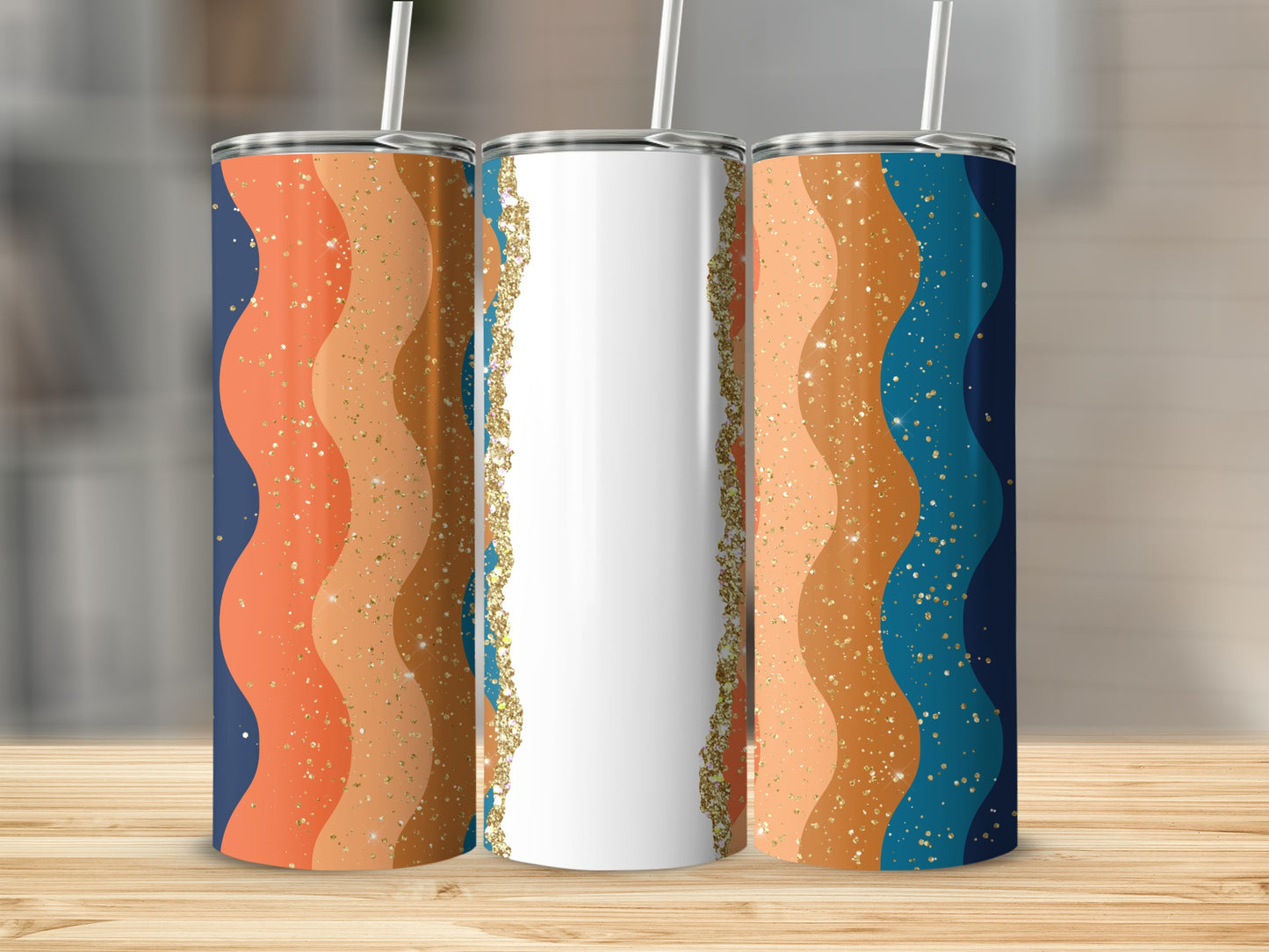 Three tumblers with wavy orange, blue, and gold glitter stripes.