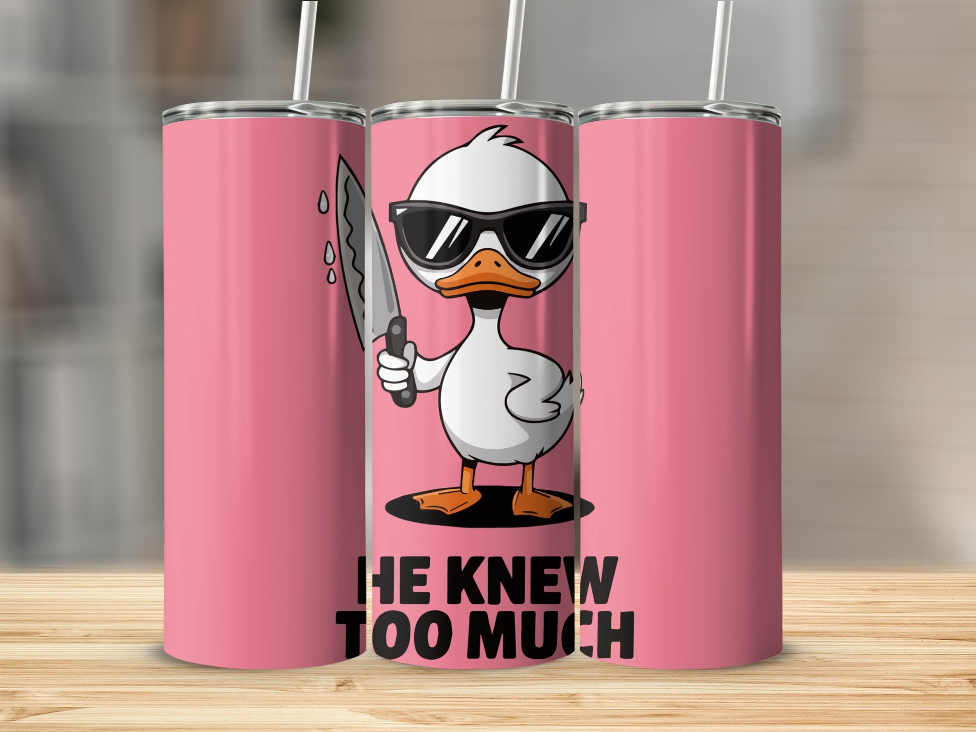 White duck with sunglasses holding a knife, text "HE KNEW TOO MUCH".