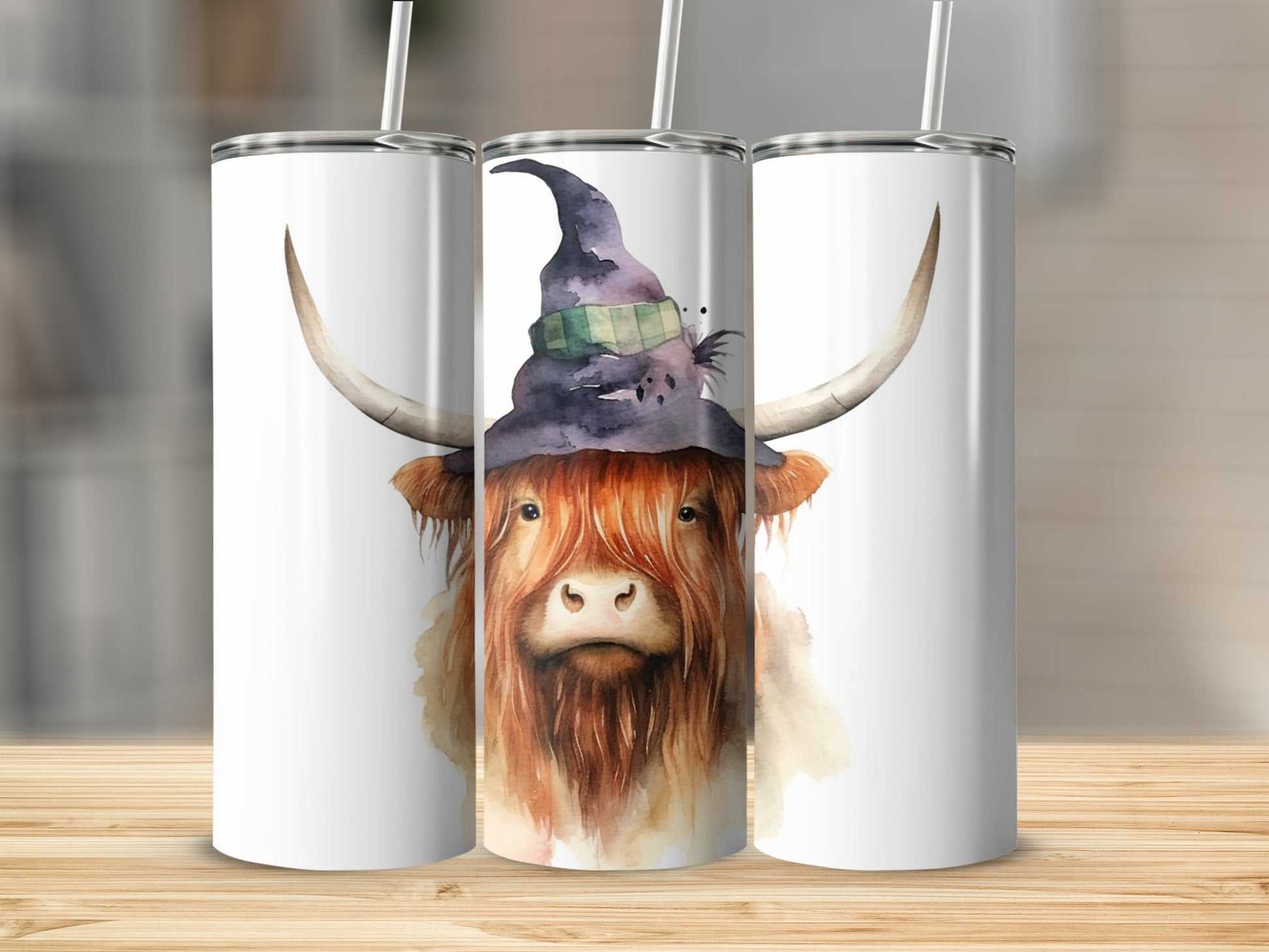 Watercolor highland cow in witch hat tumbler.