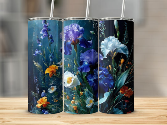 Three tumblers with a dark floral design featuring irises and other colorful flowers.