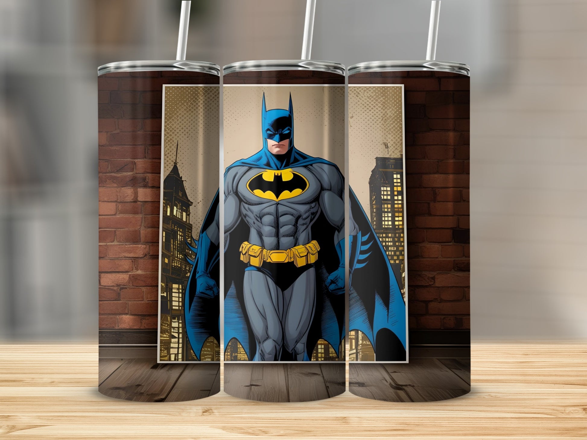 Batman in costume standing against a city skyline background.