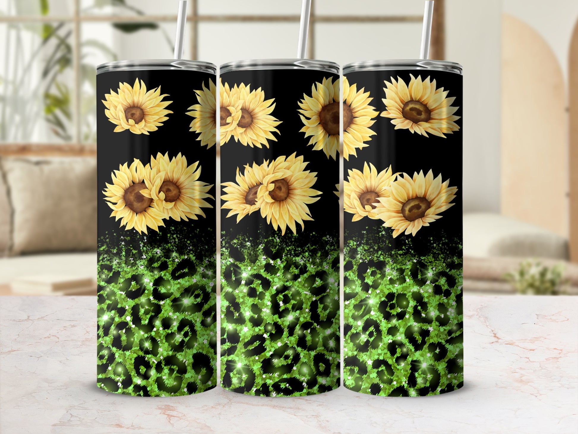 Sunflower and green leopard print tumbler with black background.