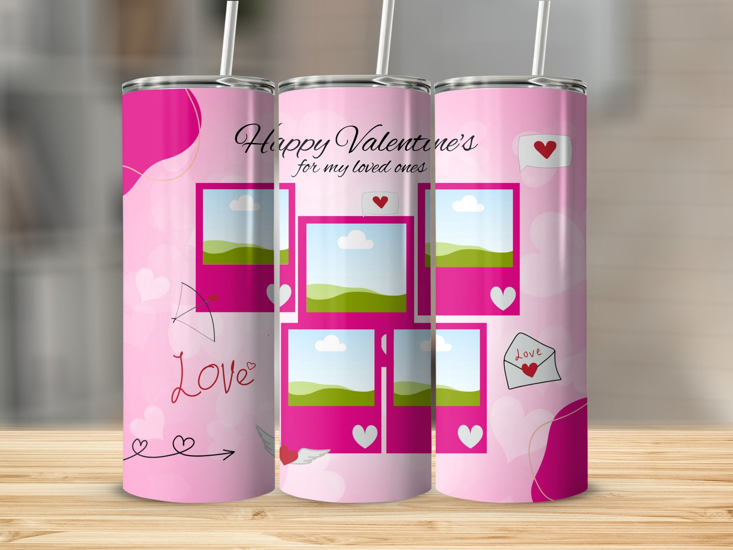 Pink tumbler with a collage of empty photo frames and Valentine's Day graphics.