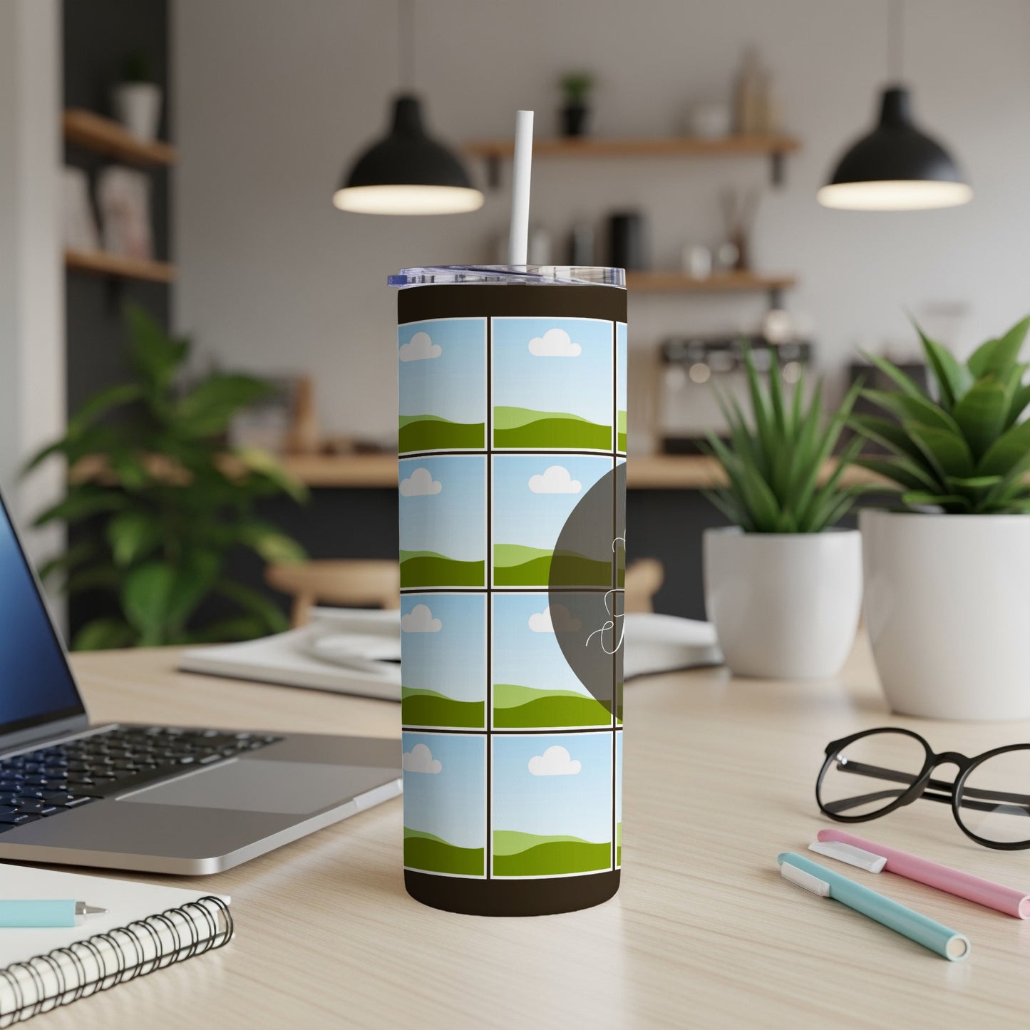 Tumbler with a grid of landscape photos and a dark circular graphic.