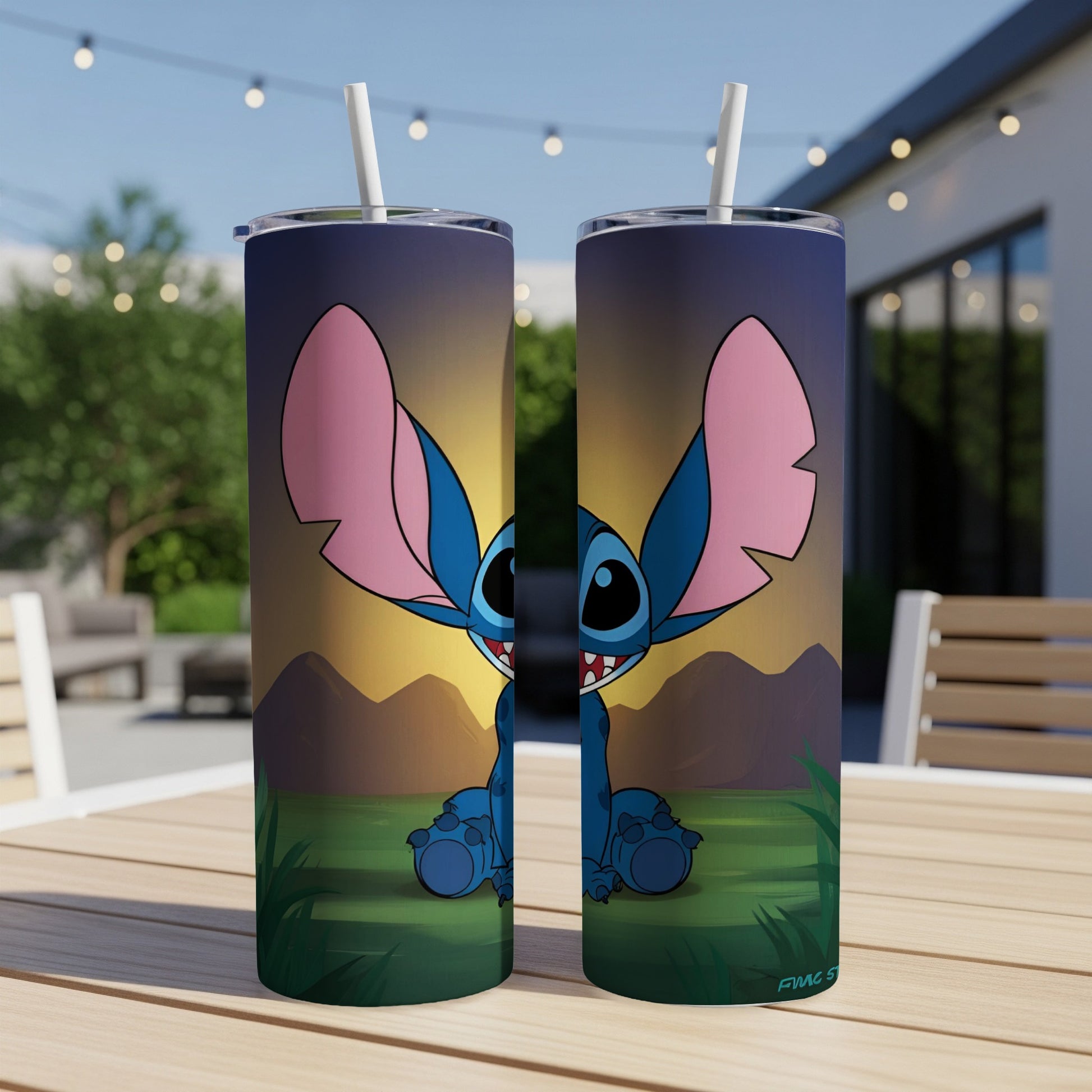 Stitch character from Disney's Lilo & Stitch on a blue tumbler with straw.