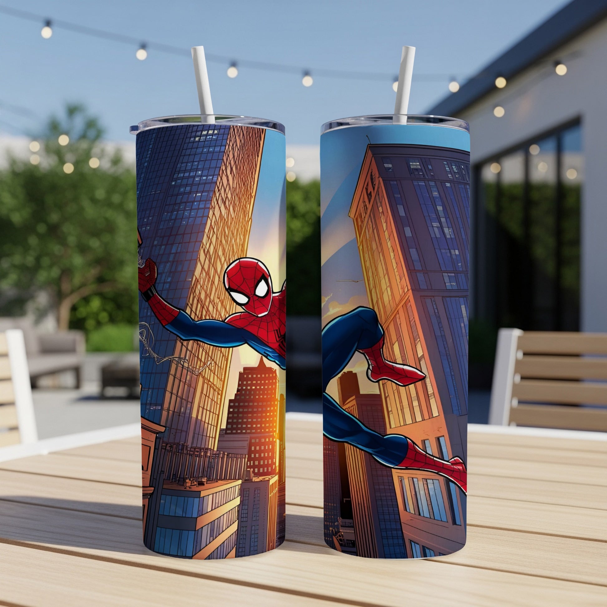 Spiderman swinging through a city skyline on a stainless steel tumbler.