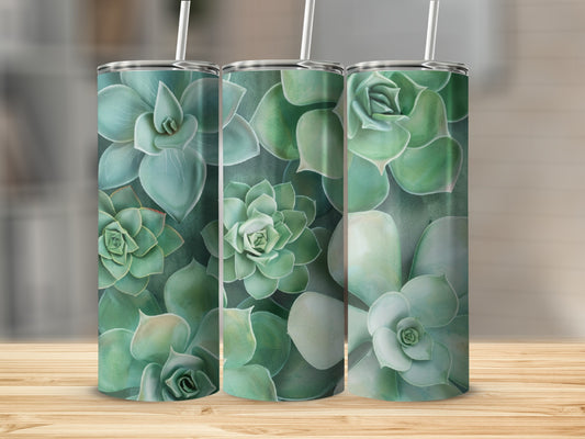 Three tumblers with a succulent plant design on a wooden surface.