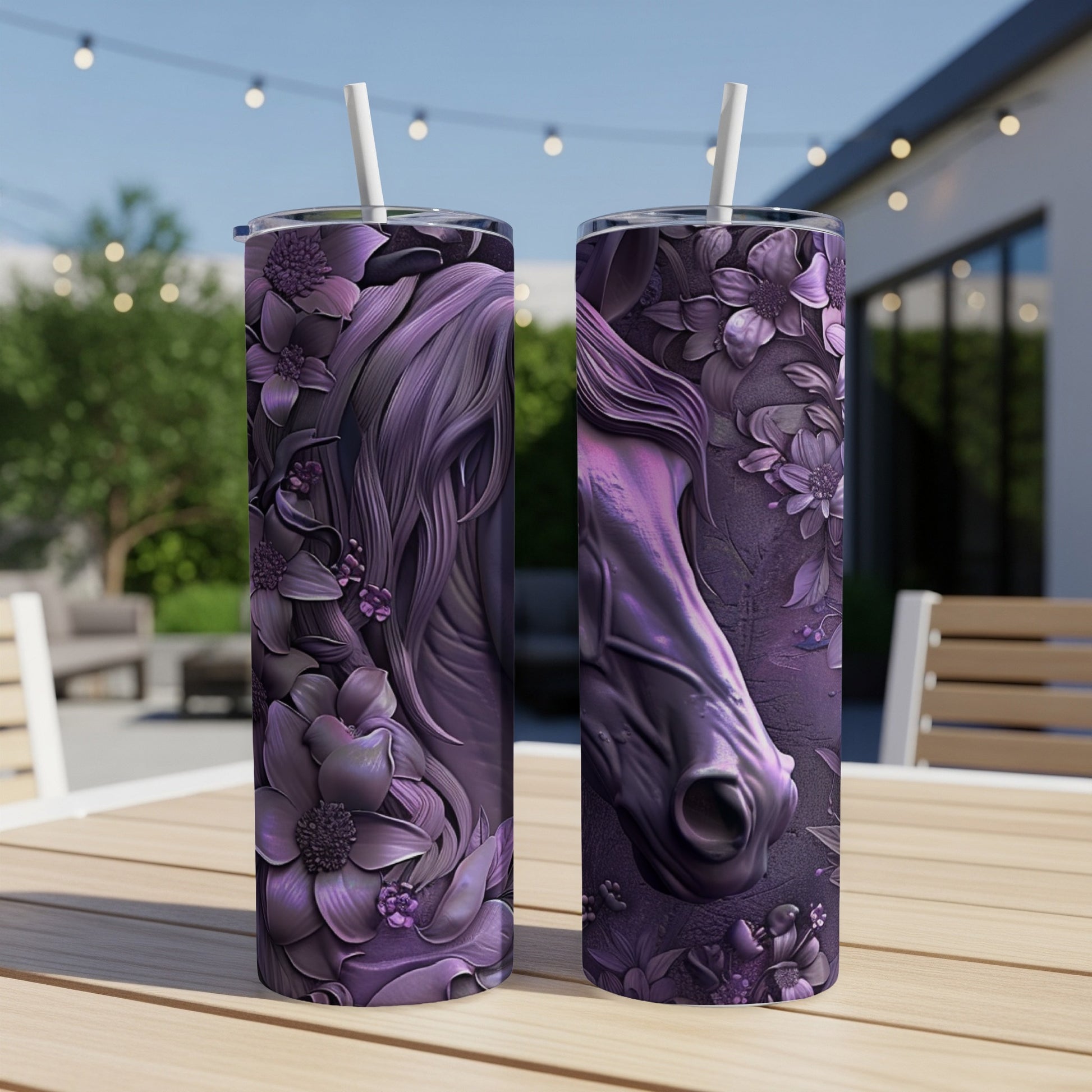 Purple horse and floral design on two tumblers.