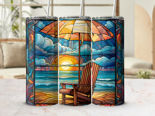 Beach scene with Adirondack chair and umbrella on a tumbler.