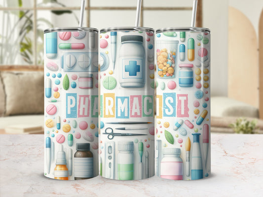 Three pharmacist-themed tumblers featuring pills, medical supplies, and the word "Pharmacist".