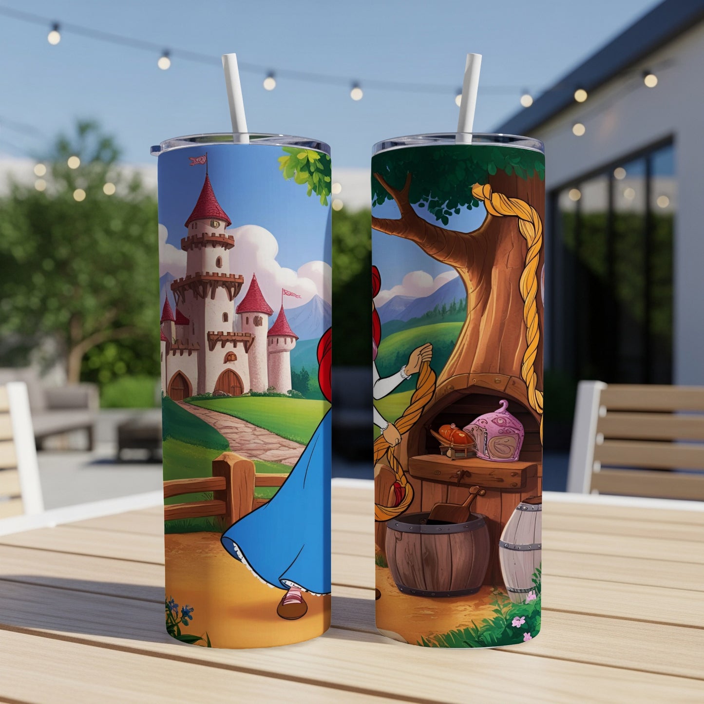 Two tumblers with Ariel and Rapunzel characters, featuring castles and trees.