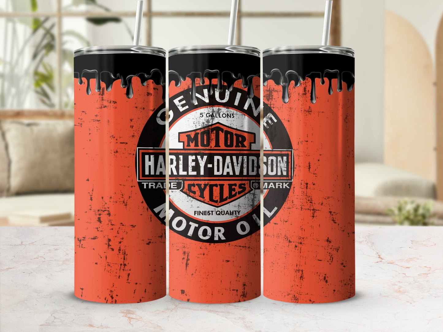 Orange tumbler with Harley-Davidson "Motor Oil" graphic and black liquid drips.