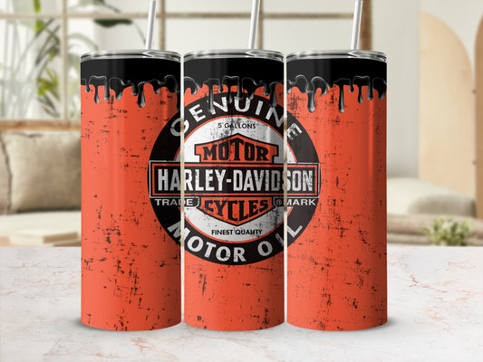 Orange tumbler with Harley-Davidson "Motor Oil" graphic and black liquid drips.