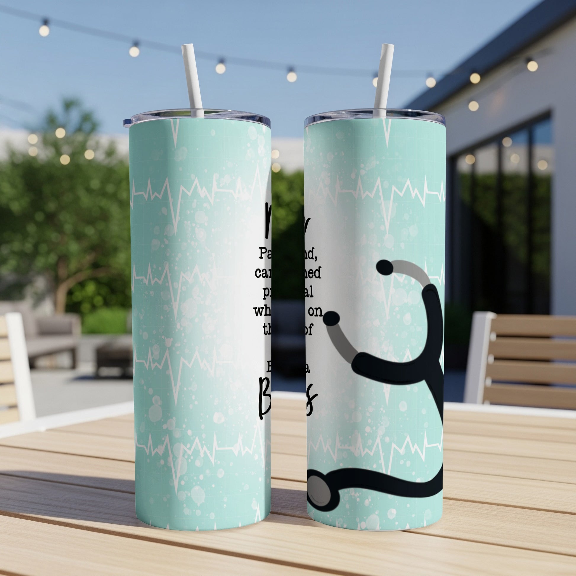 Two tumblers with heartbeat EKG design and stethoscope, featuring the quote "Proud, passionate, dedicated."