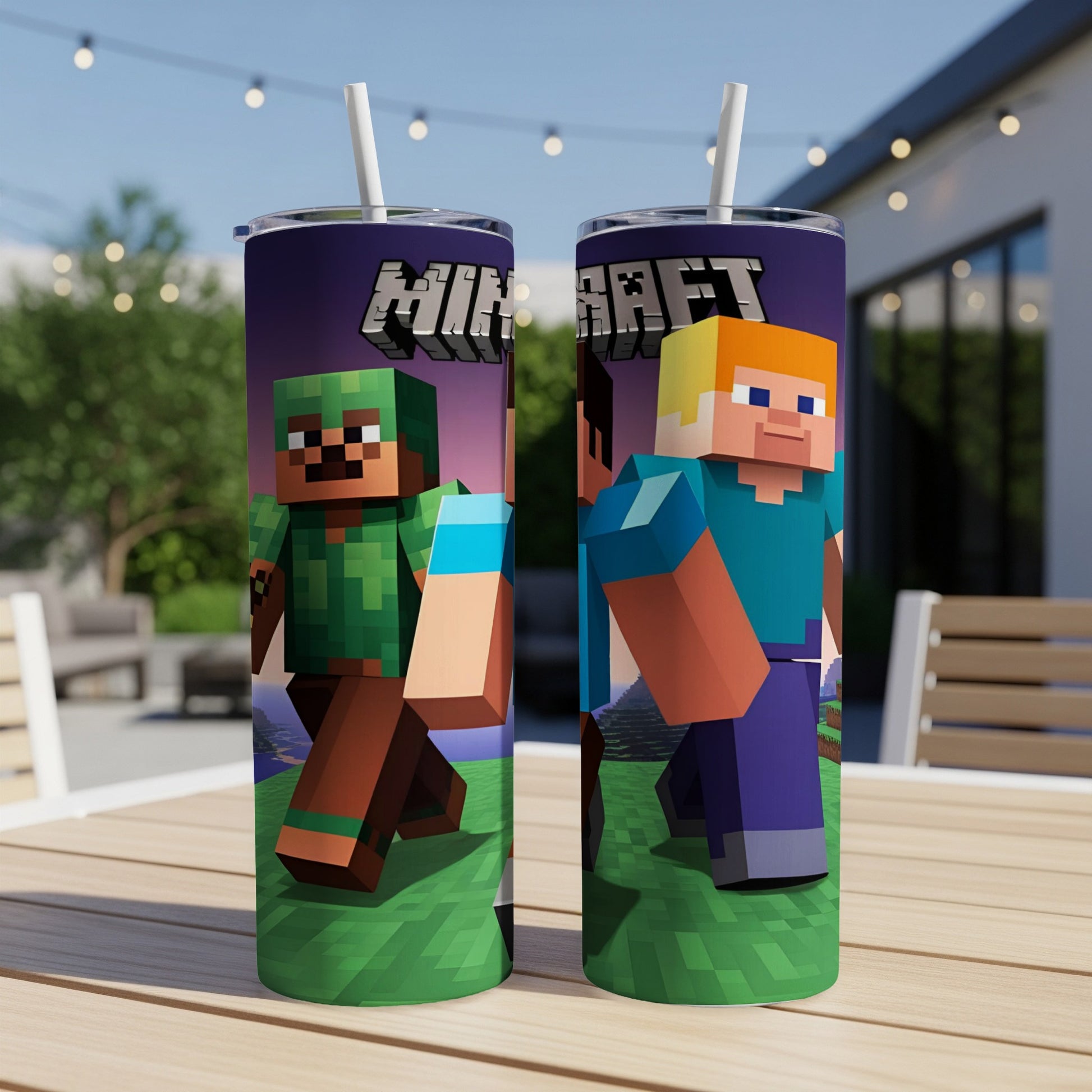 Two Minecraft characters, Steve and Alex, on a purple tumbler with a straw.
