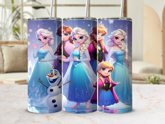 Elsa, Anna, and Olaf from Frozen on a purple tumbler with snowflakes.