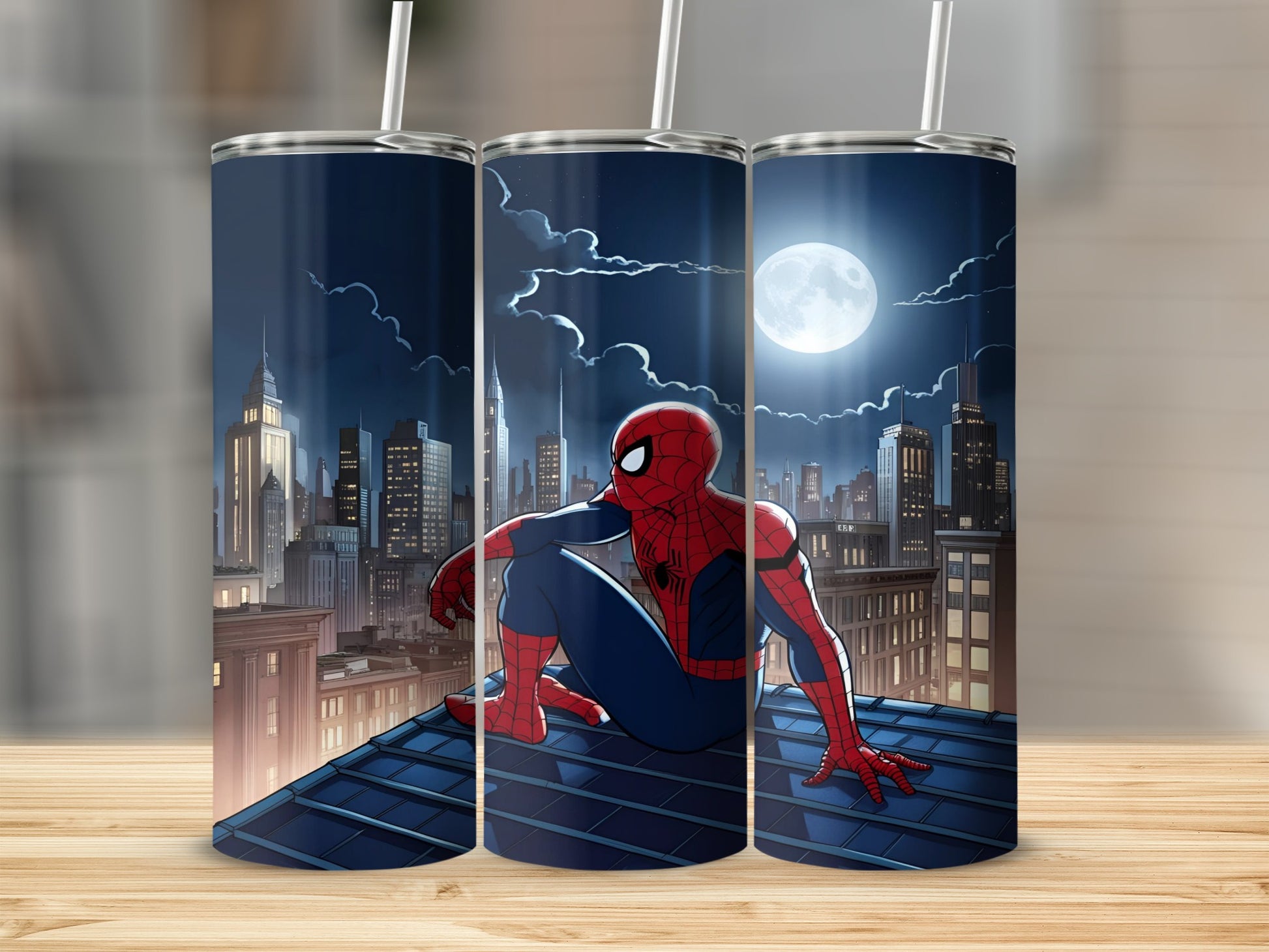 Spiderman on a rooftop in a city at night with a full moon.