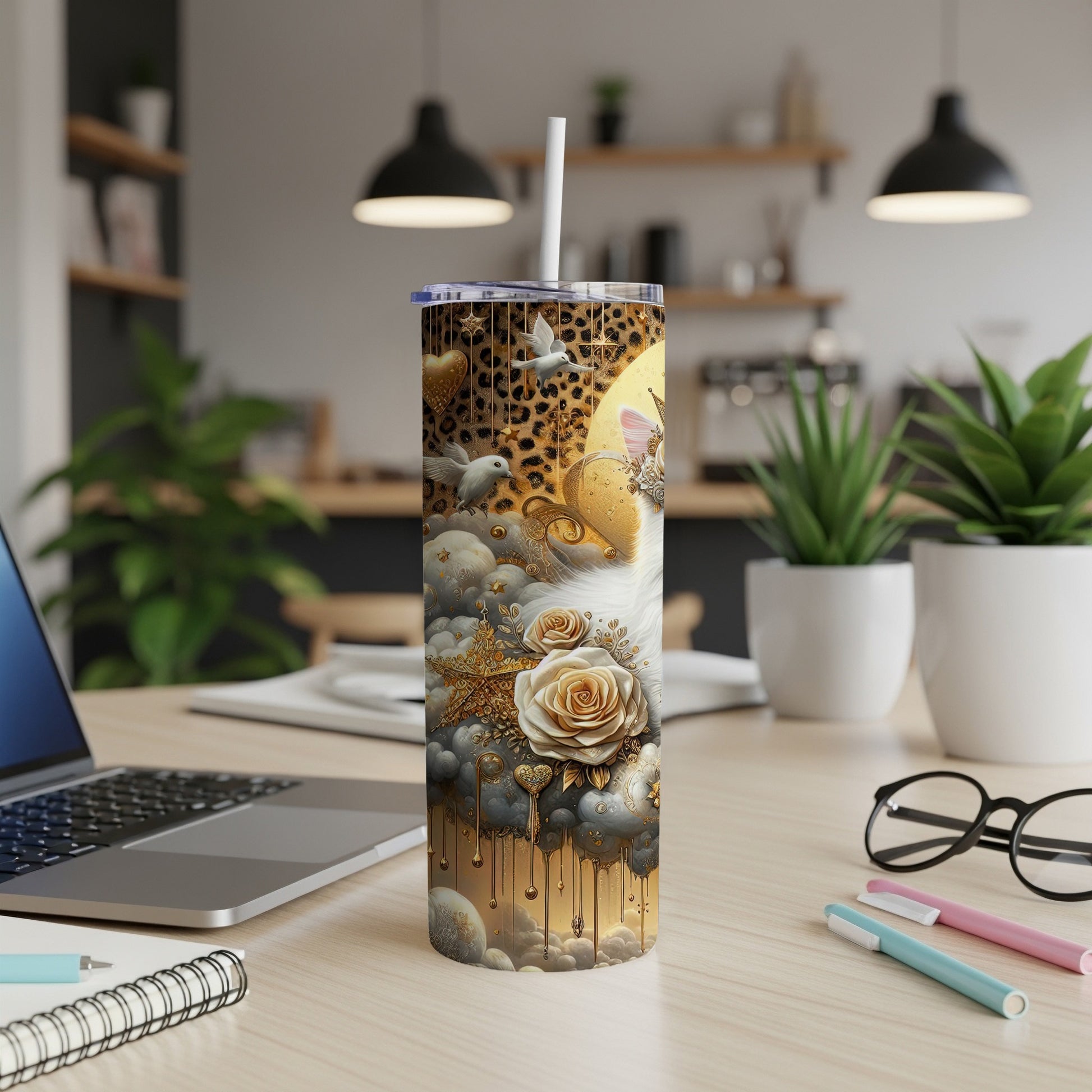 Tall tumbler with leopard print, clouds, roses, and celestial accents.