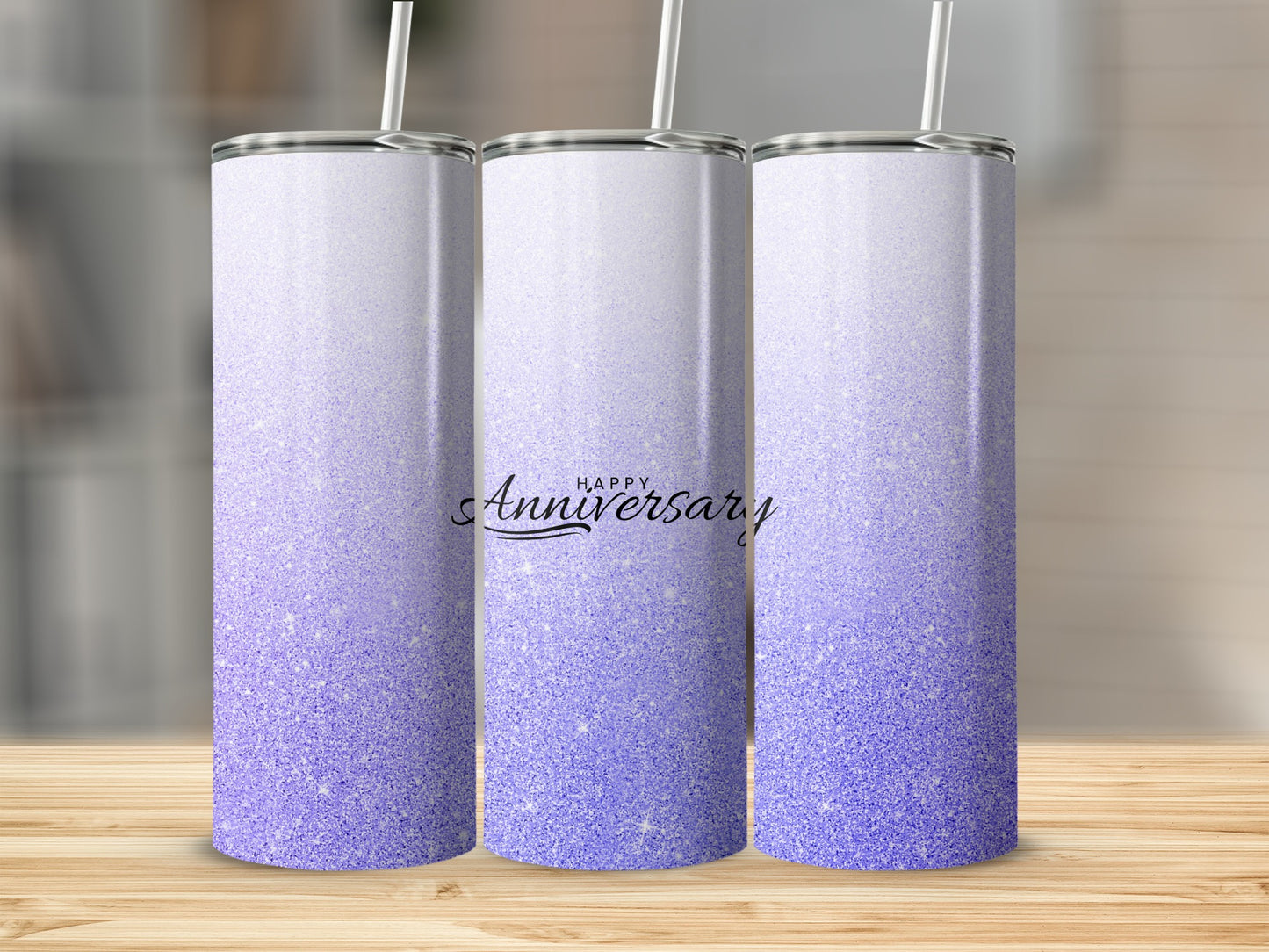 Three tumblers with purple glitter gradient and "Happy Anniversary" text.