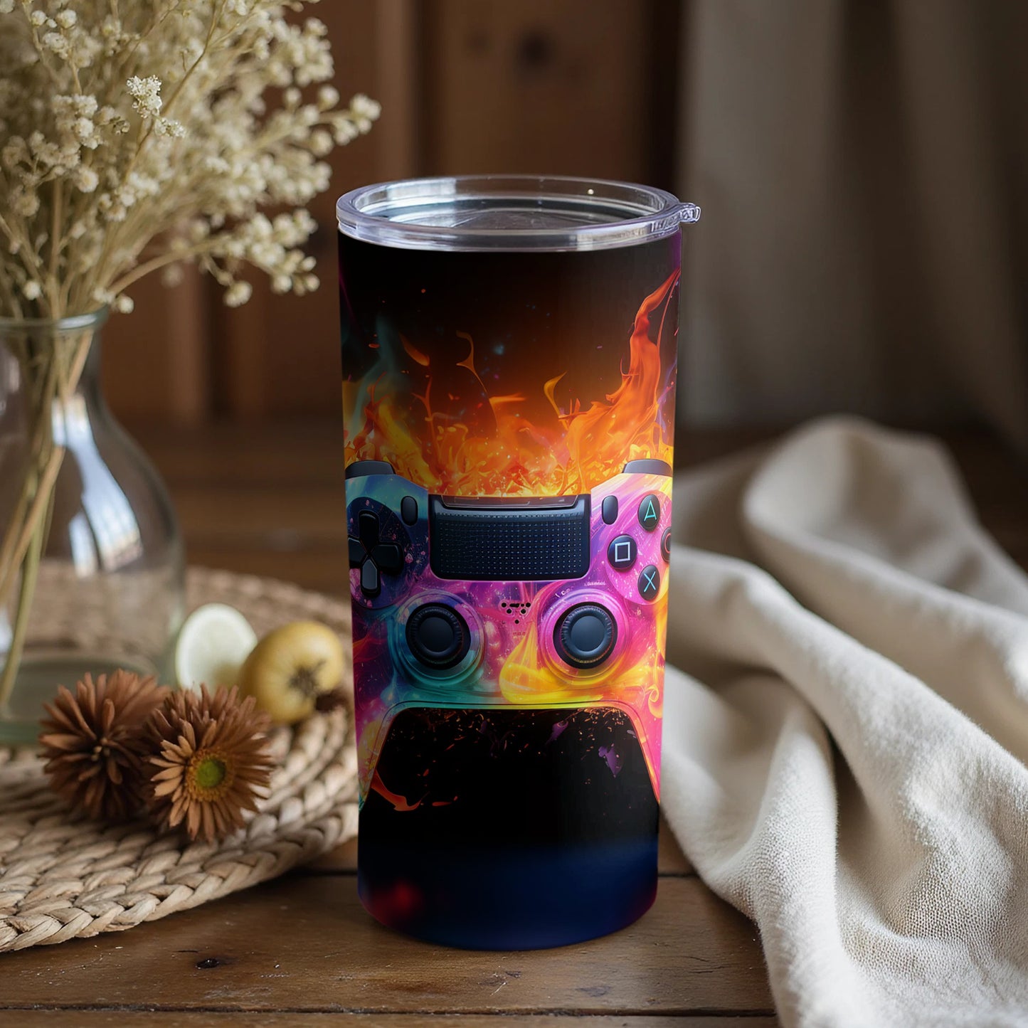 Vibrant Gaming Controller Design on Fire Tumbler
