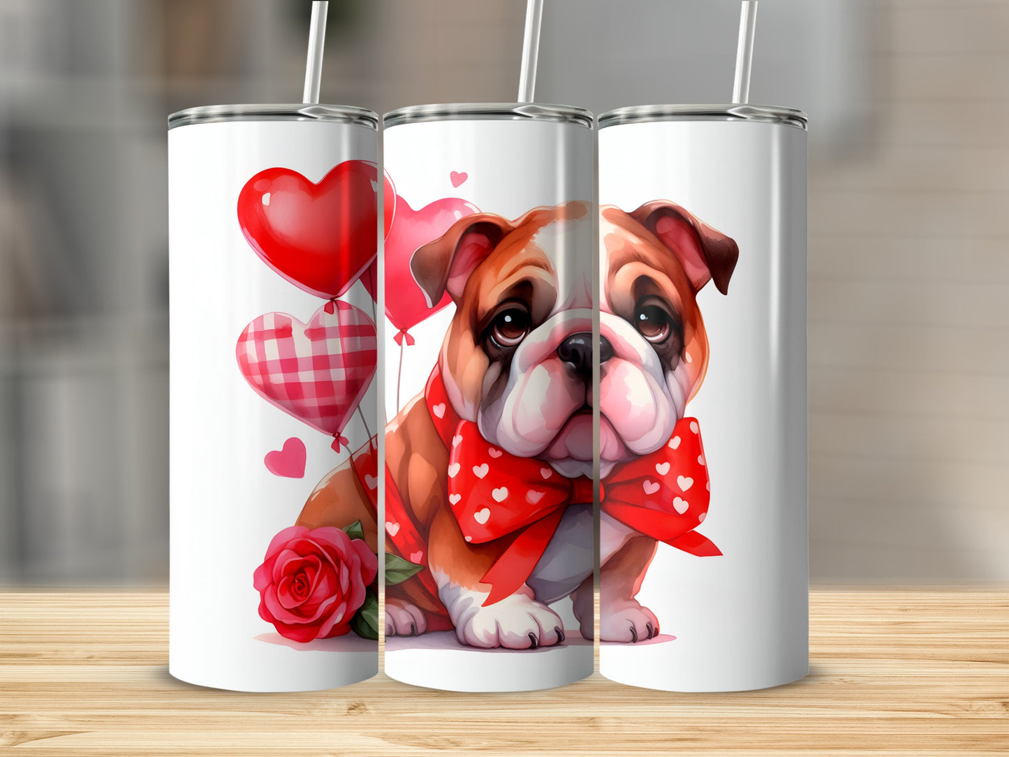 Bulldog wearing a red bowtie with a rose and balloons.