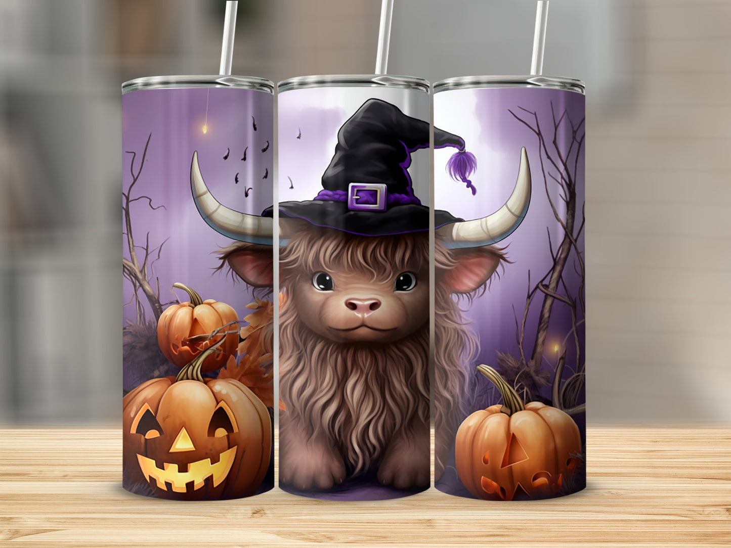 Highland cow wearing a witch hat with pumpkins and bats on a purple Halloween background.