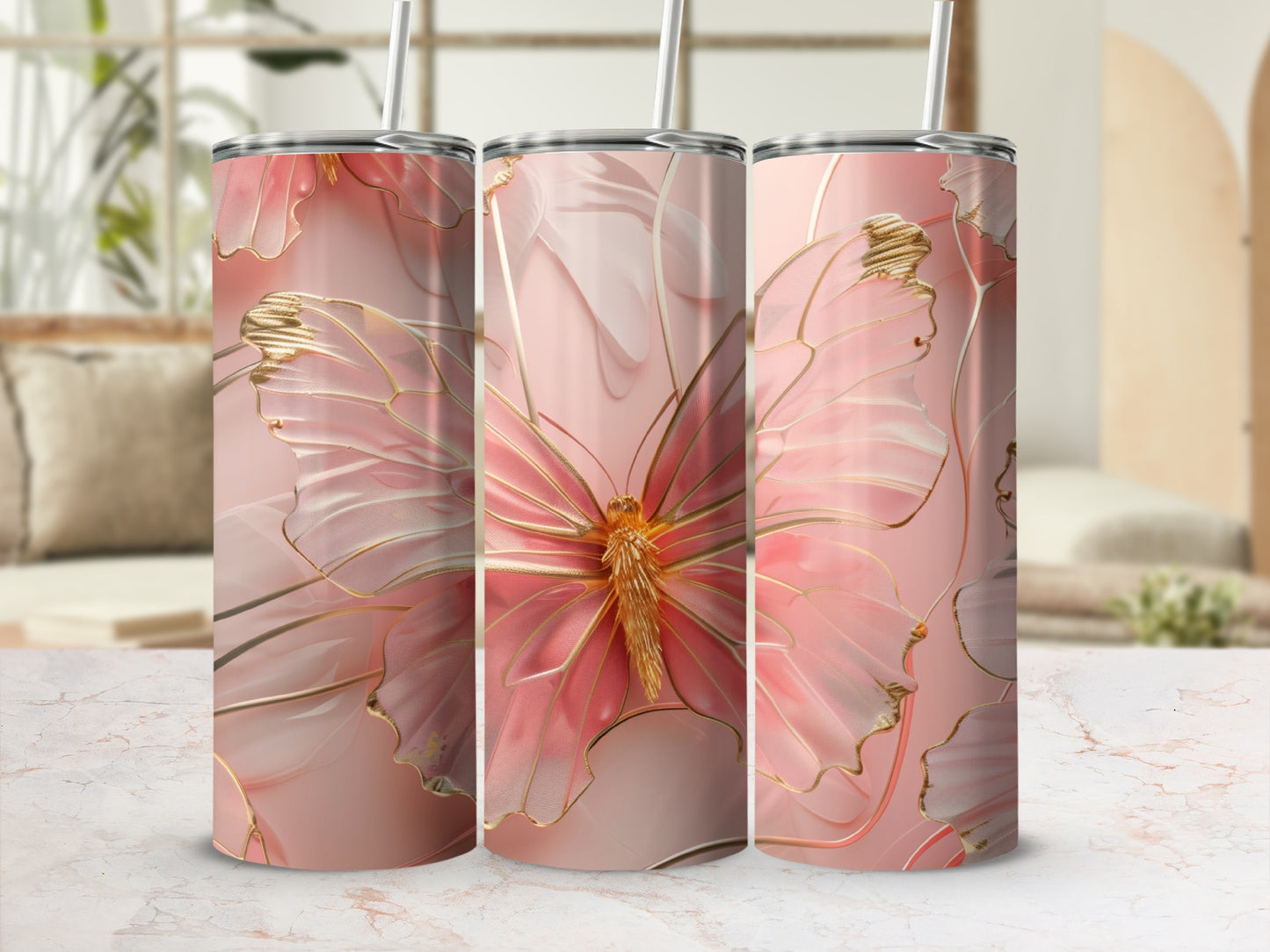 Pink tumbler with gold-trimmed butterfly design, shown in a triptych.