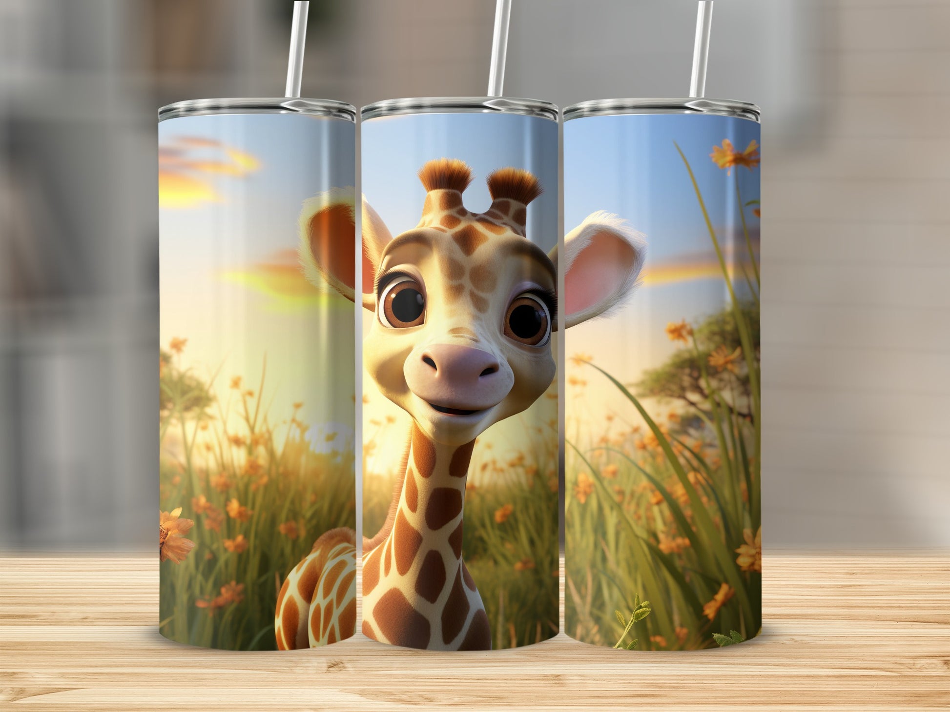 Cute Giraffe Design with Flowers Scene Tumbler