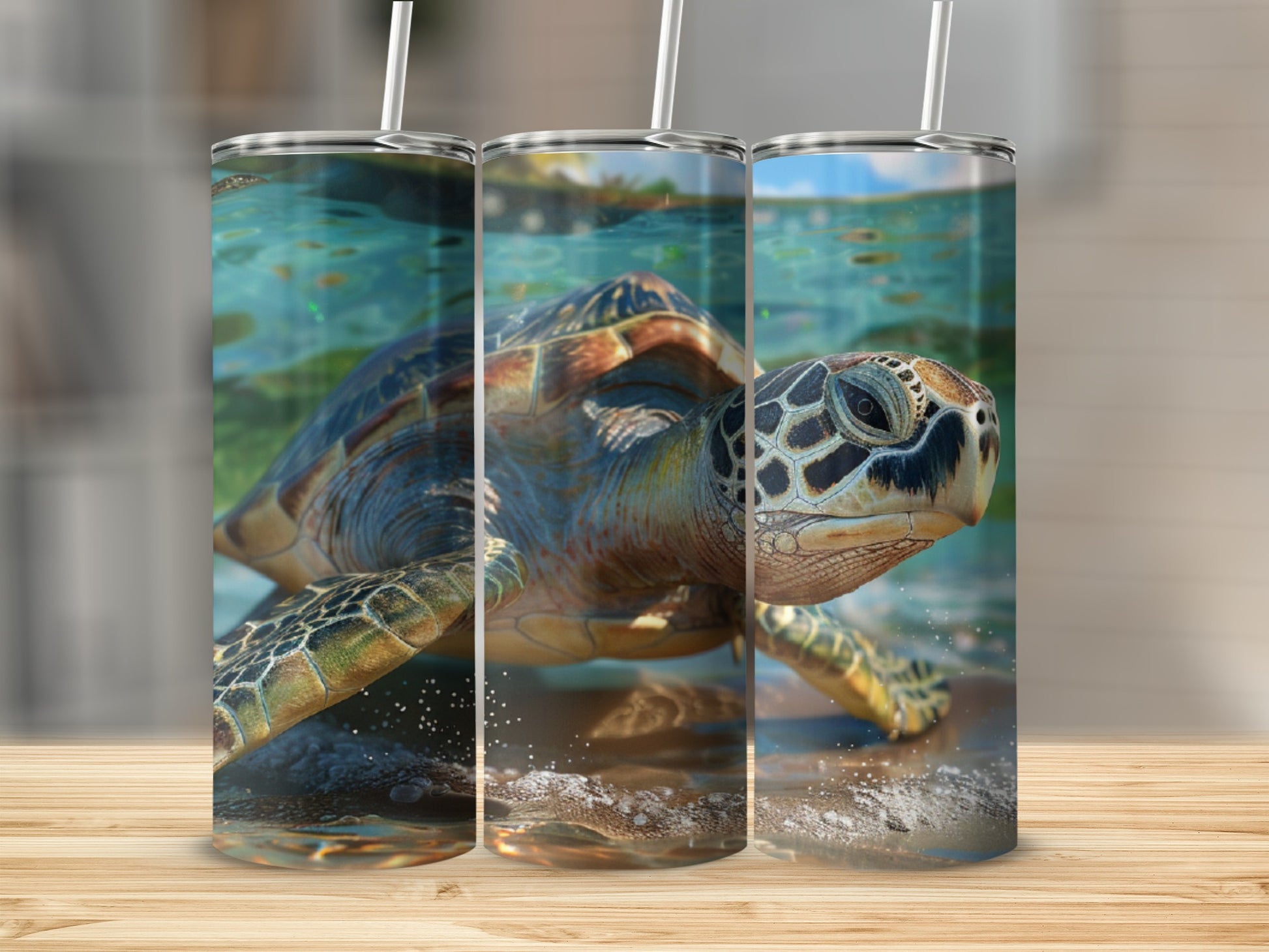 Sea turtle underwater on a beach, displayed on three tumblers.