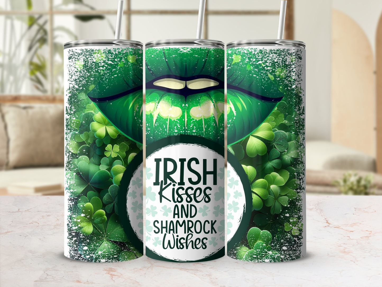 Green lips and shamrocks with "Irish Kisses and Shamrock Wishes" text.