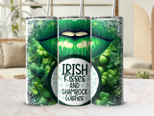 Green lips and shamrocks with "Irish Kisses and Shamrock Wishes" text.