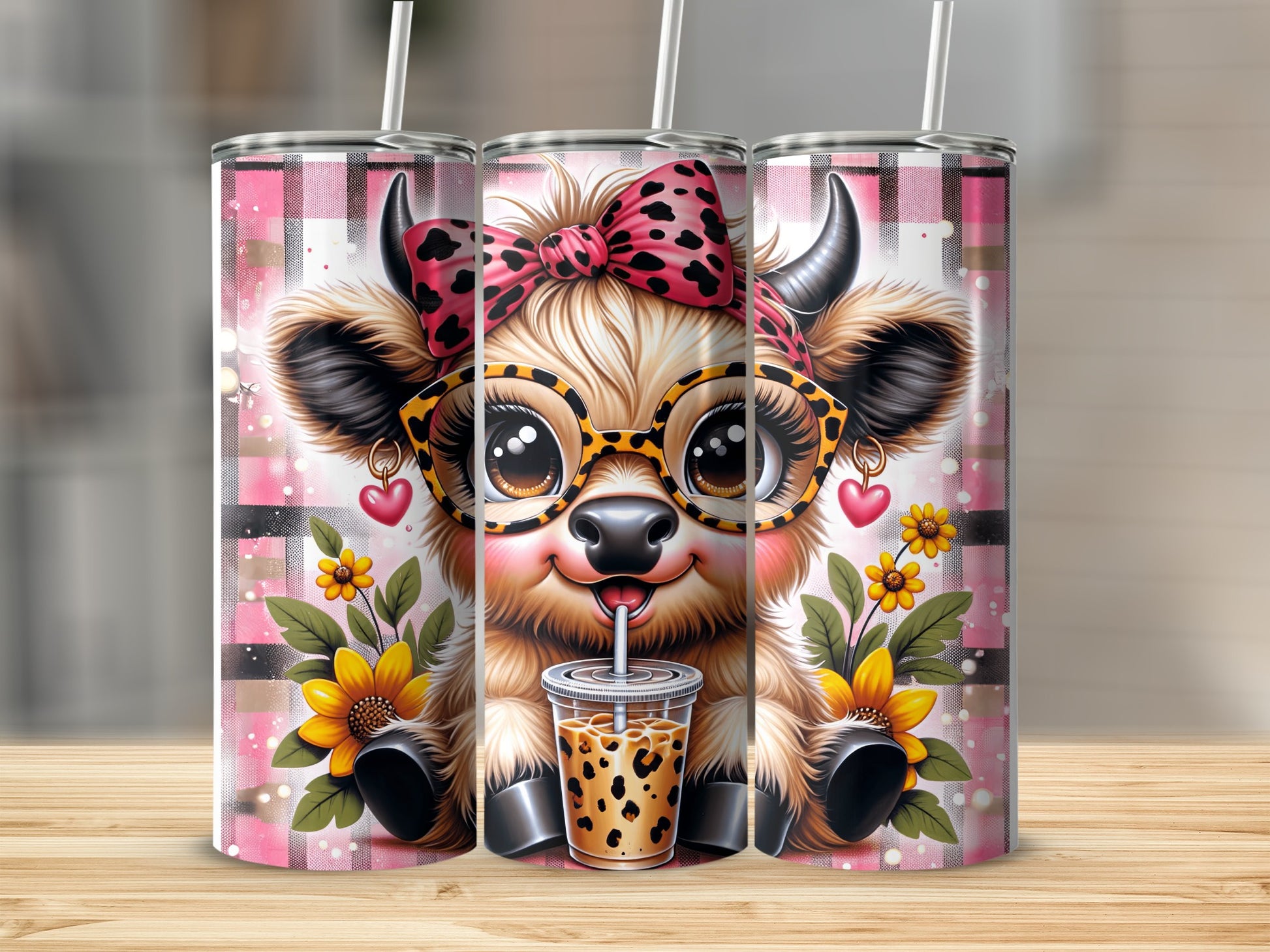 Cute cartoon cow with glasses drinking bubble tea, surrounded by flowers.
