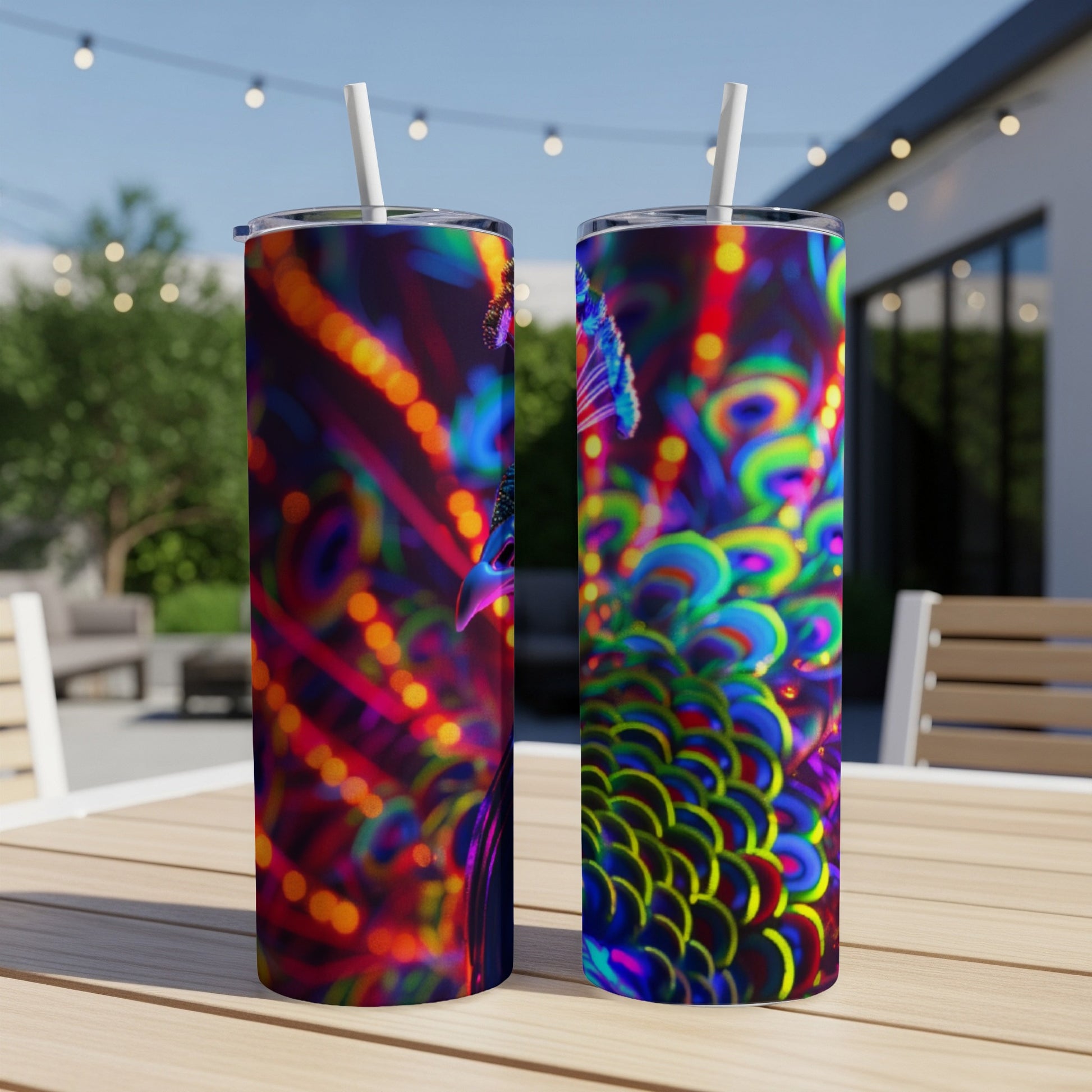 Two tumblers with a vibrant peacock feather design and colorful bokeh lights.
