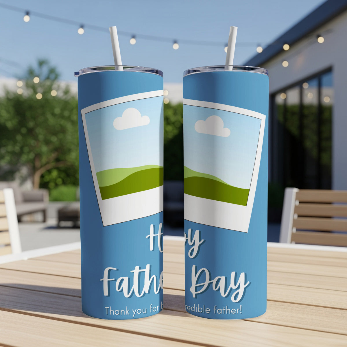 Blue tumblers with "Happy Father Day" text and landscape photo frames.