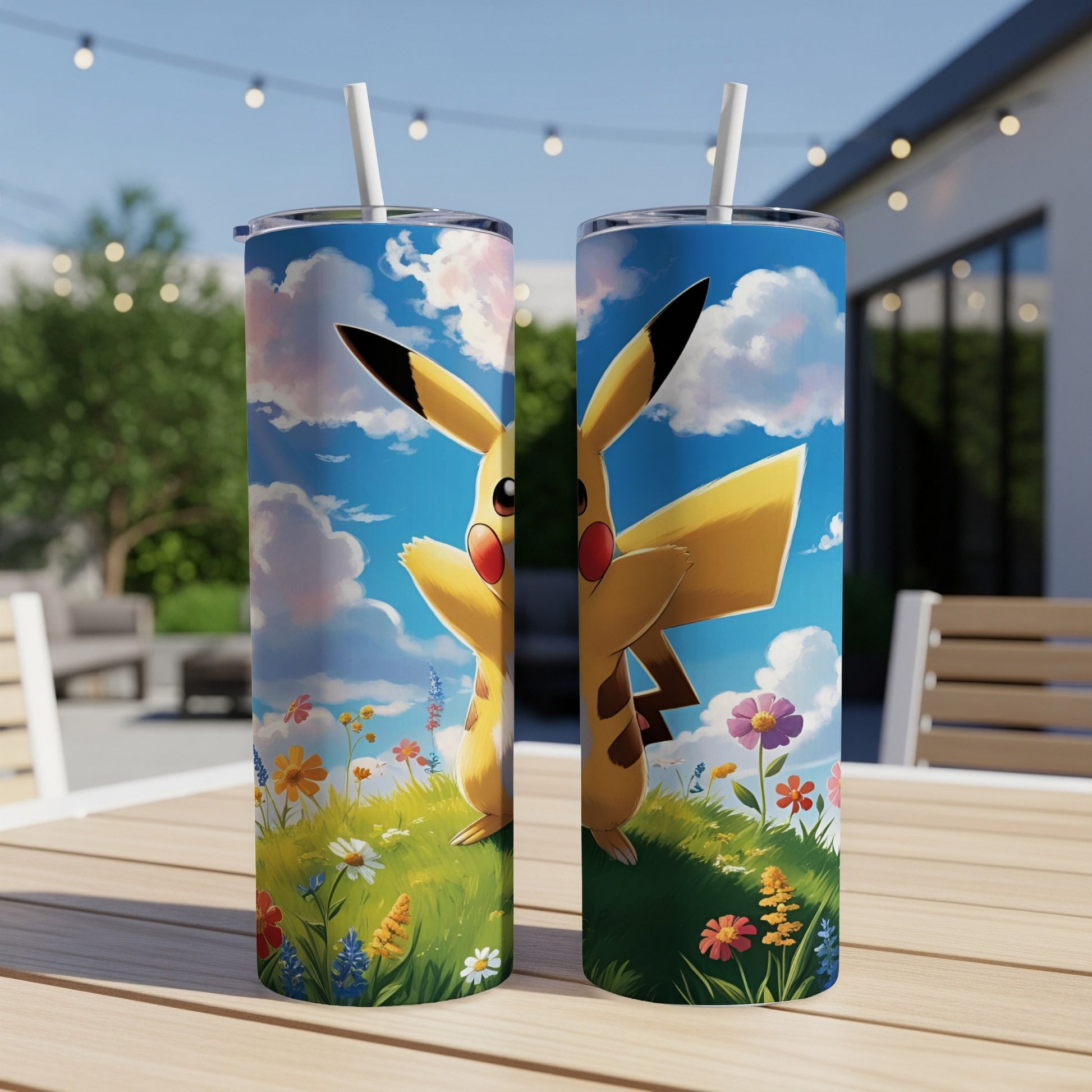 Pikachu illustration on a tumbler with grass and flowers, against a blue sky background.
