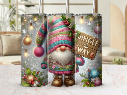 Christmas gnome with snowflake and holly, "Jingle All The Way" sign.