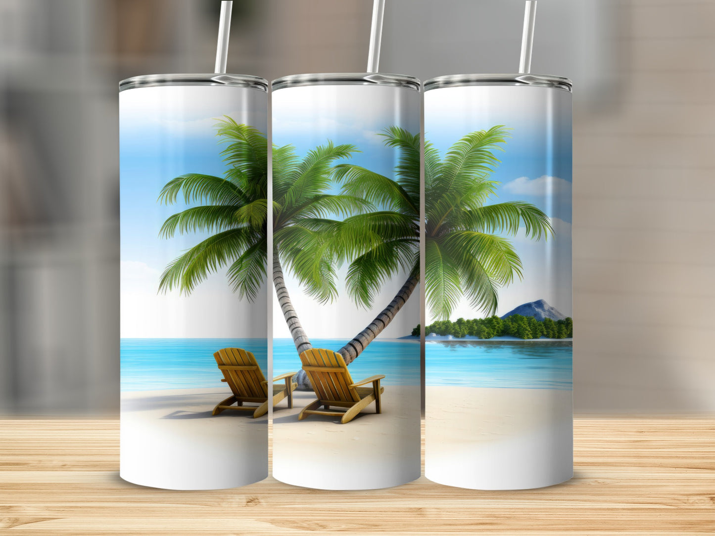 Scenic Beach View with Palm Trees Tumbler