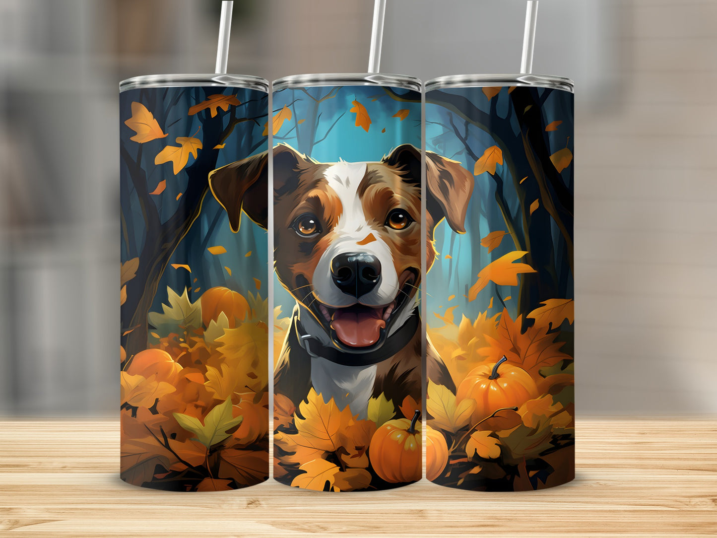 Three tumblers with a happy dog surrounded by autumn leaves and pumpkins.