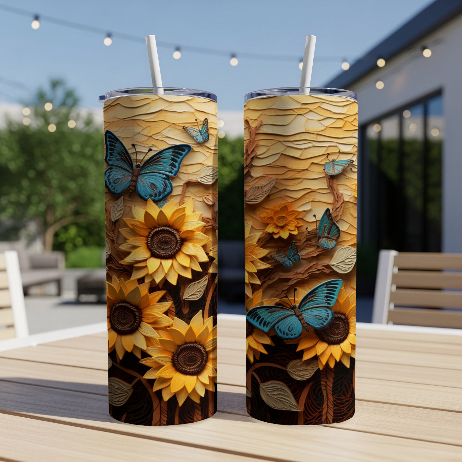Two tumblers featuring sunflowers and blue butterflies on a textured background.