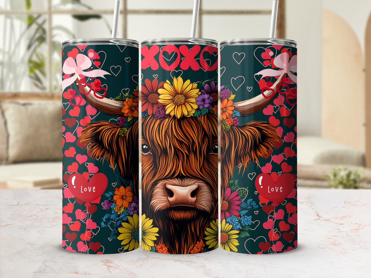 Colorful Highland Cow Hearts and Flowers Tumbler Design